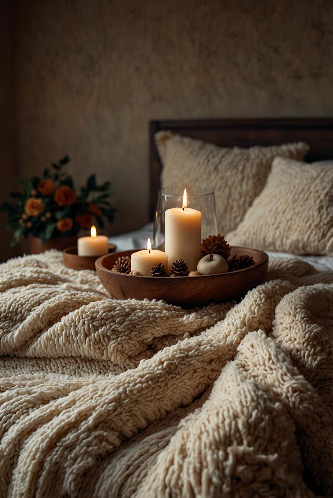 Winterlicher niedriger Tisch mit Plaids und Kissen hell und einladend