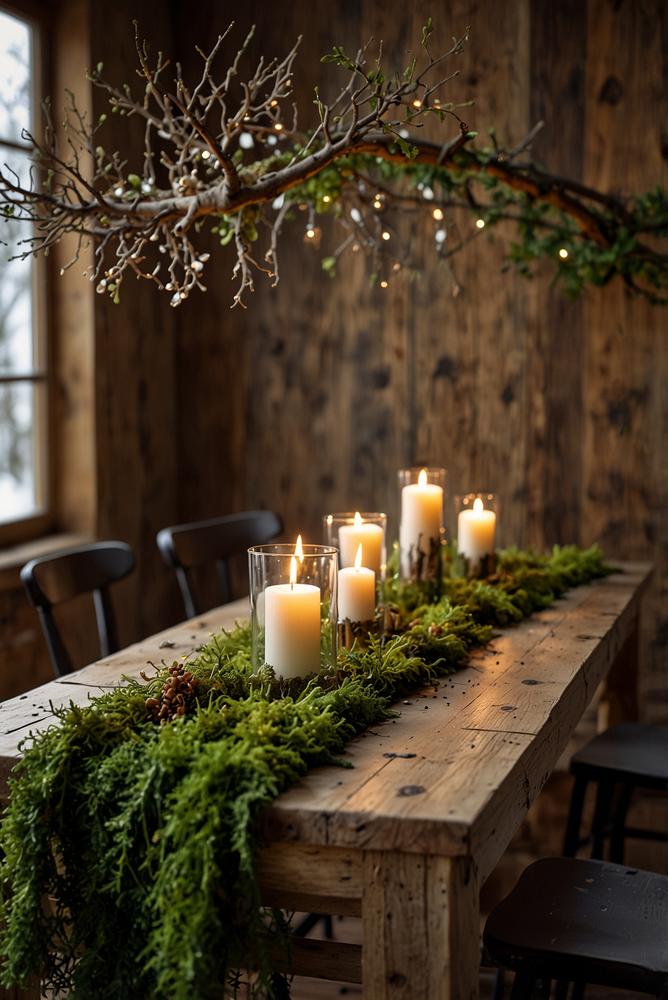 Winterlicher Tisch mit Moos, Zweigen und warmen LED-Lichtern