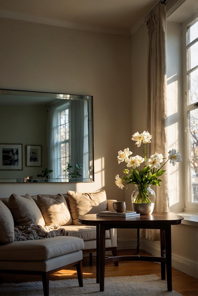 Spiegel und warme Beleuchtung in einer wohnlichen Raumecke