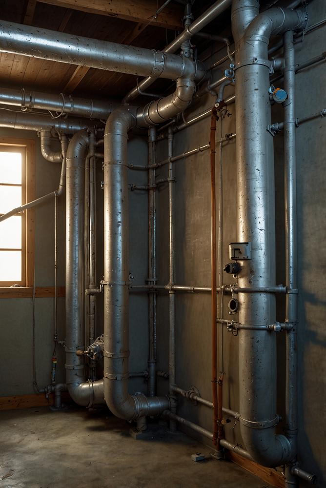 Helle Ansicht von Heizungsrohren im Altbau mit Tageslicht