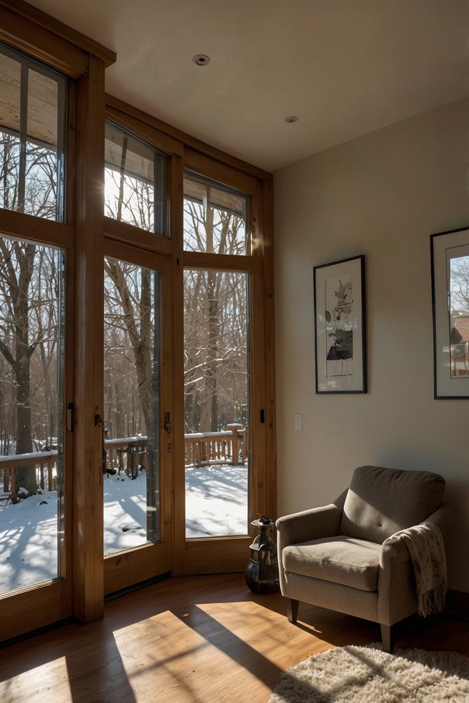 Helles Zimmer mit Fenstern und Türen, gut abgedichtet nach Winter