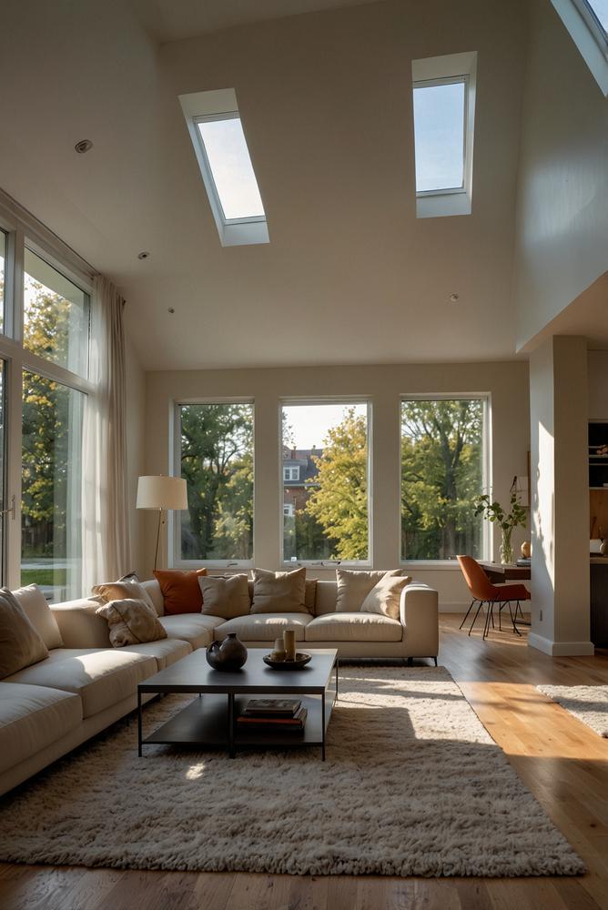 Helles Wohnzimmer mit moderner energieeffizienter Heizung