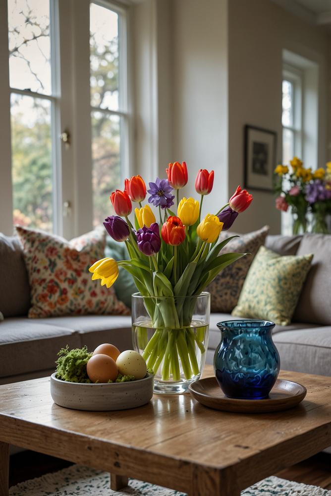 Helles wohnzimmer mit frischen fruehlingsblumen