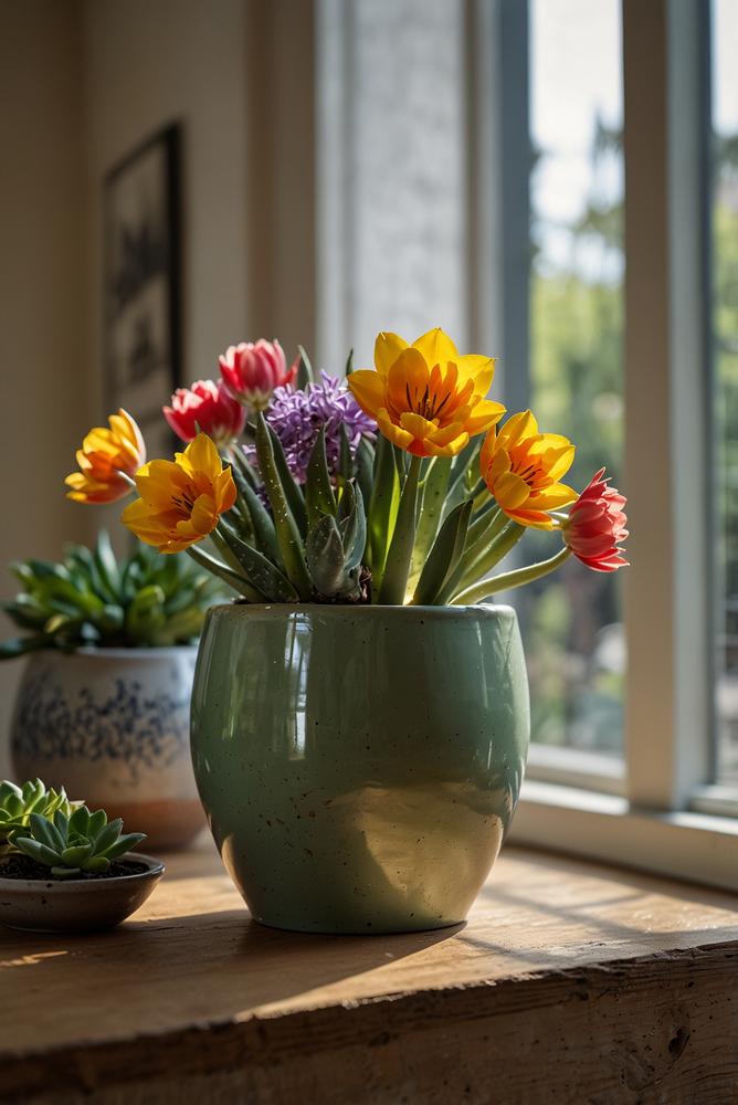 Sukkulenten und Frühjahrszwiebeln auf heller Fensterbank im Wohnzimmer
