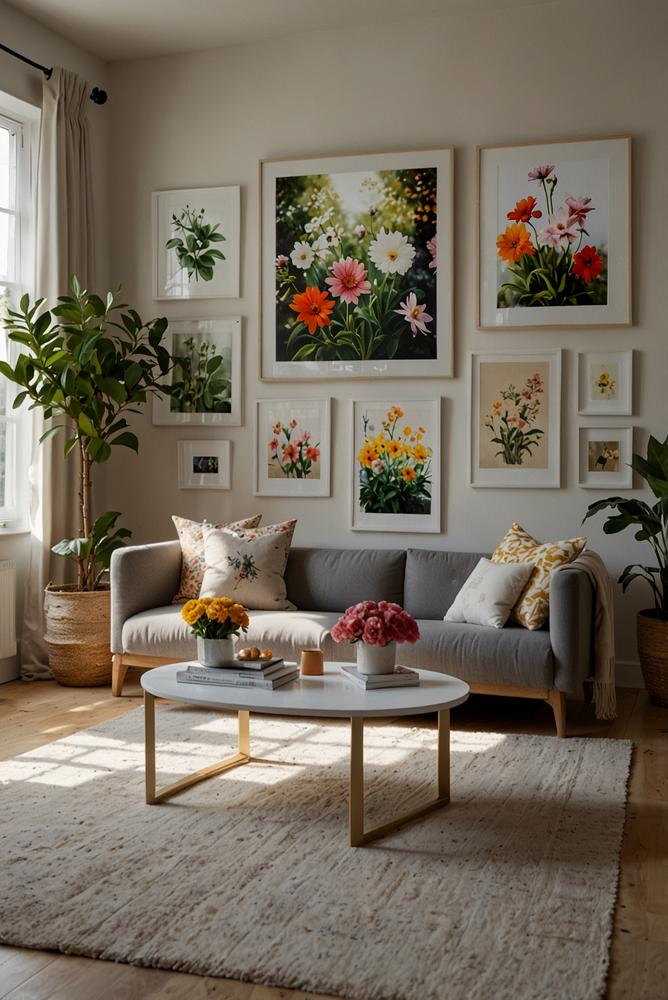 Helle, freundliche Wohnzimmergalerie mit Blumenbildern