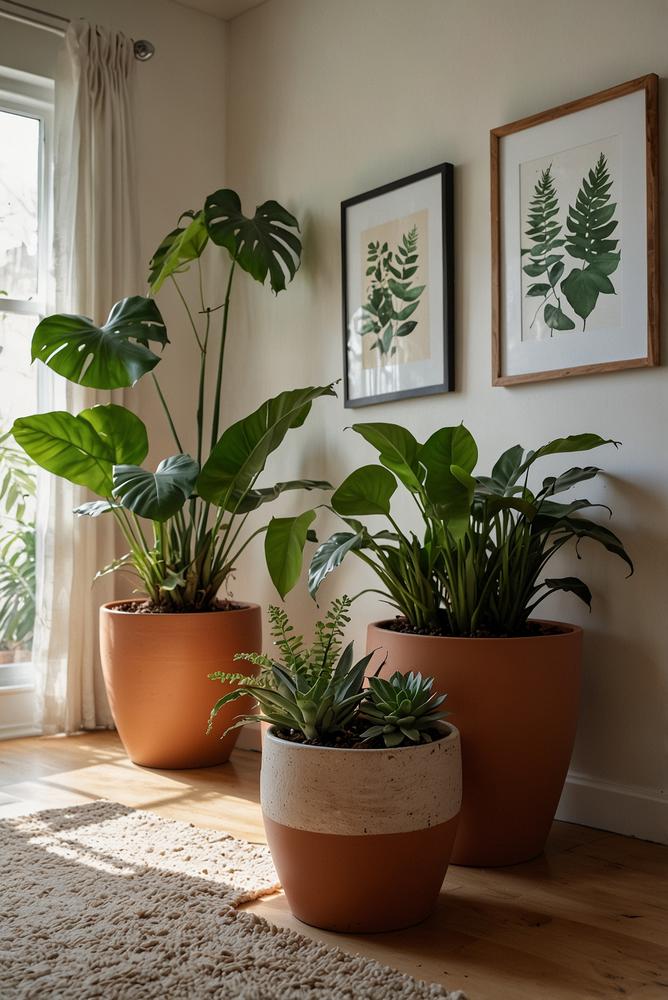 Helle wohnzimmer mit grüner zimmerpflanzen-gruppierung