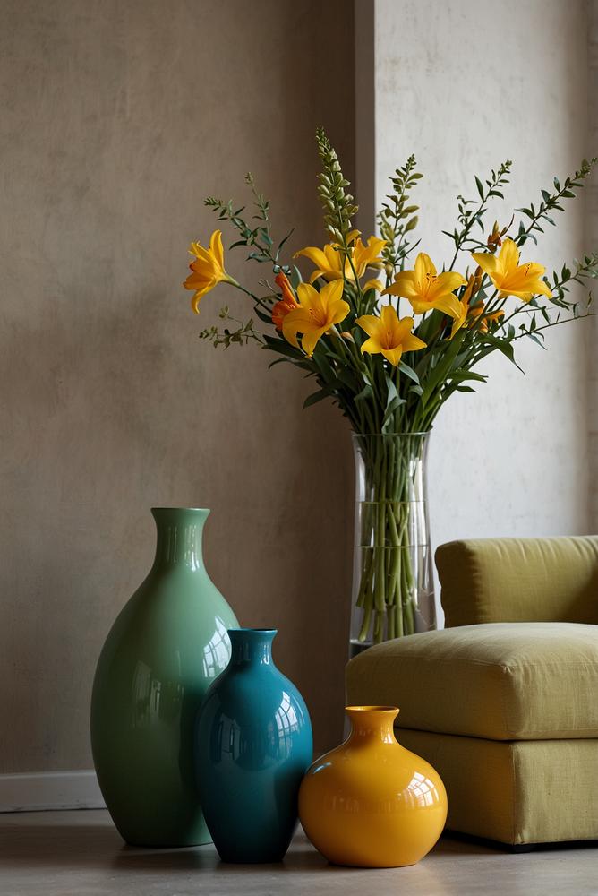 Bunte Vasen auf Wohnzimmer-Regal mit Frühlingsdeko