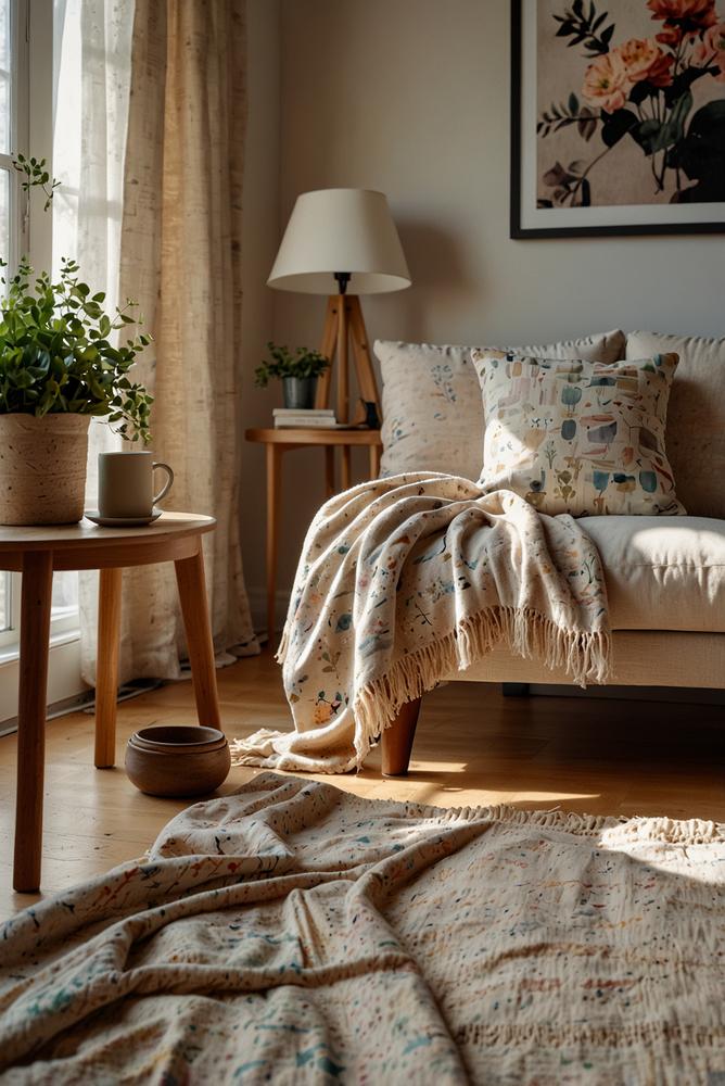 Helles Wohnzimmer mit frühlingshaften Decken und Plaids