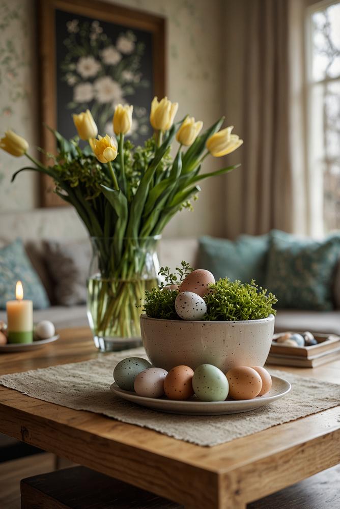 Frühlingshafte Kaffeetisch-Dekoration im Wohnzimmer, hell und freundlich