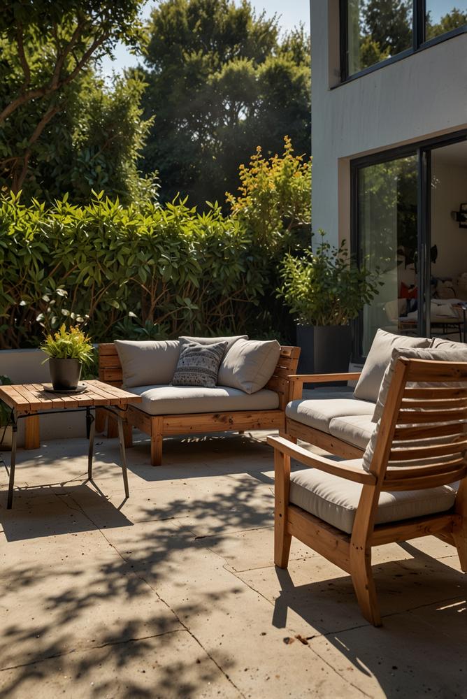Helle, sonnige Terrasse mit gepflegten Gartenmöbeln