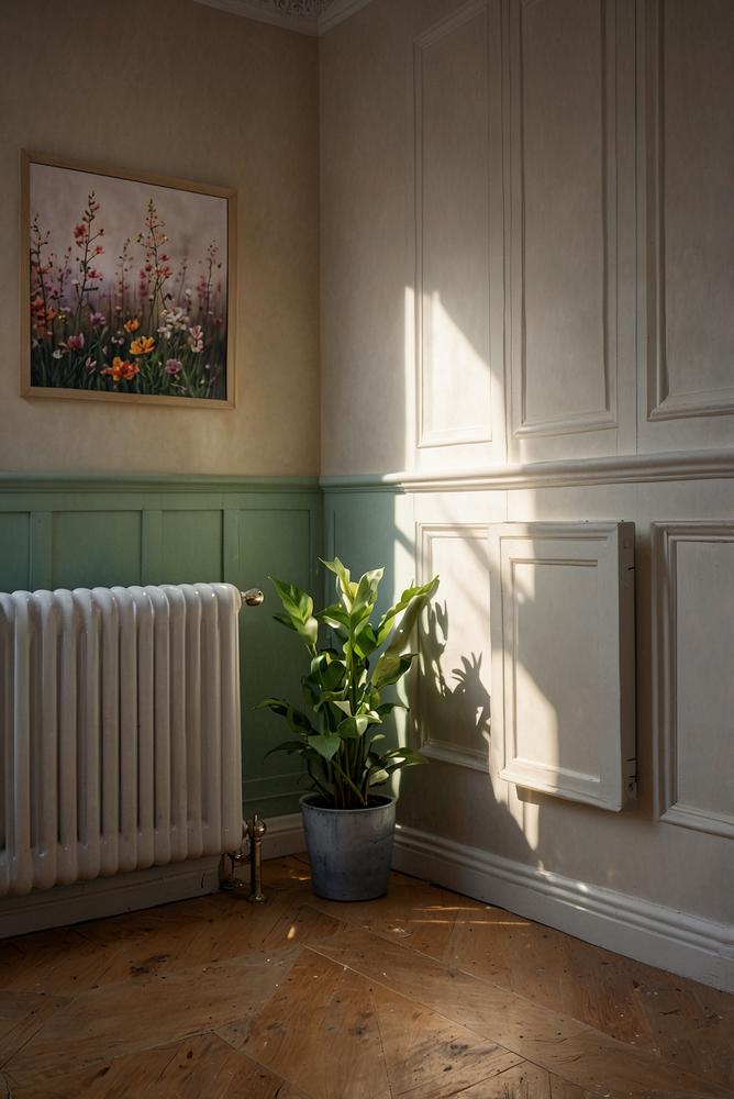 Helles modernes Zimmer mit Heizkoerper und Thermostat