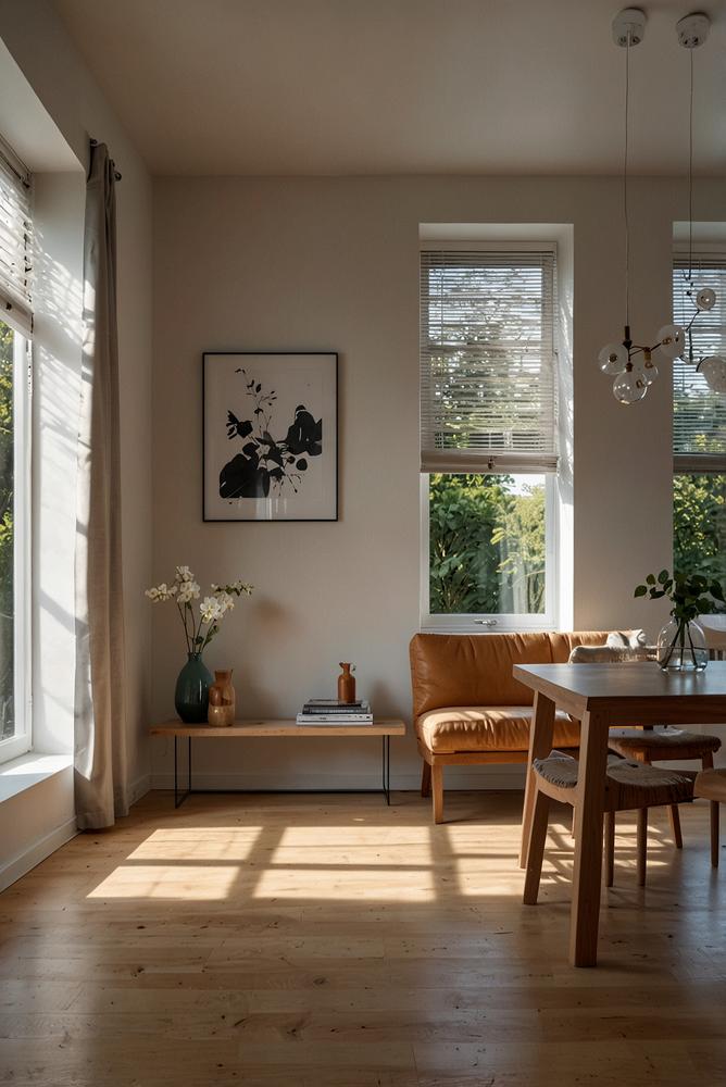 Helles Wohnzimmer mit moderner Heizung und Sonnenlicht