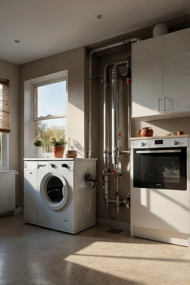 Moderne helle Heizung mit Gas- und Wasseranschluss im Raum