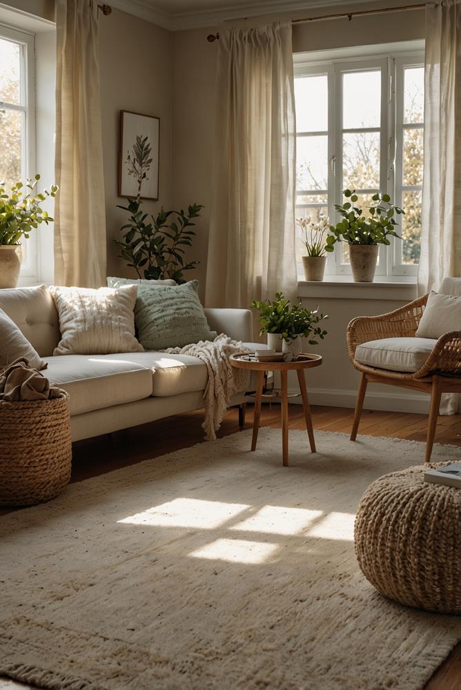 Helles Wohnzimmer mit freundlichem Teppich und Frühlingsdeko