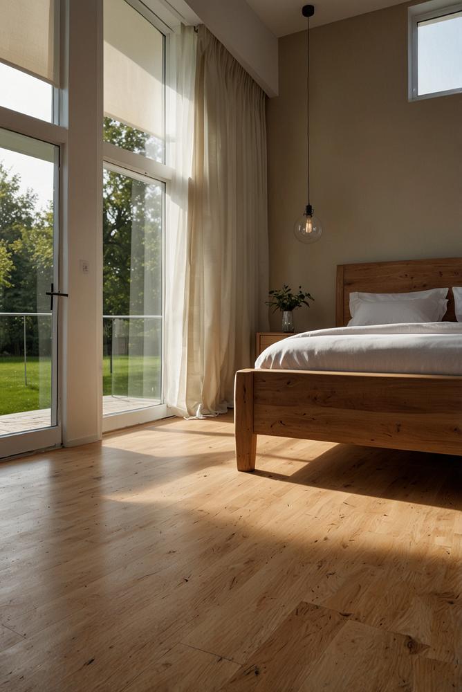 Helles Wohnzimmer mit modernem Parkettboden und Trittschalldämmung