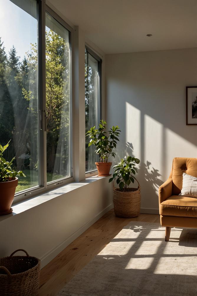 Helles Wohnzimmer mit offenen Fenstern und Frischluftzufuhr