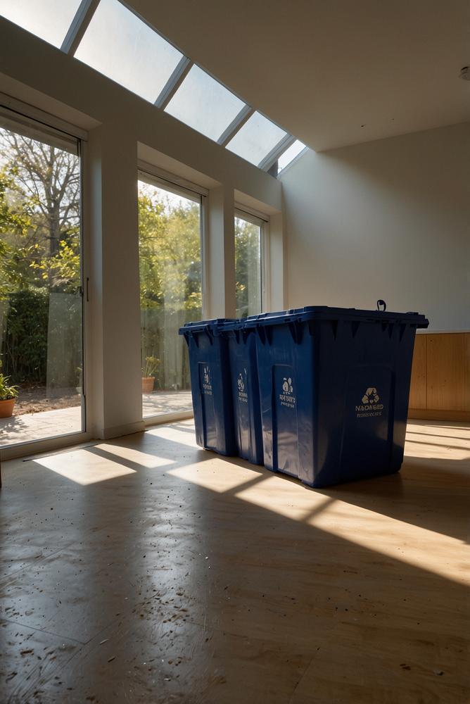 Lichtdurchfluteter Raum mit Staubschutz und Müllbehältern bei Renovierung