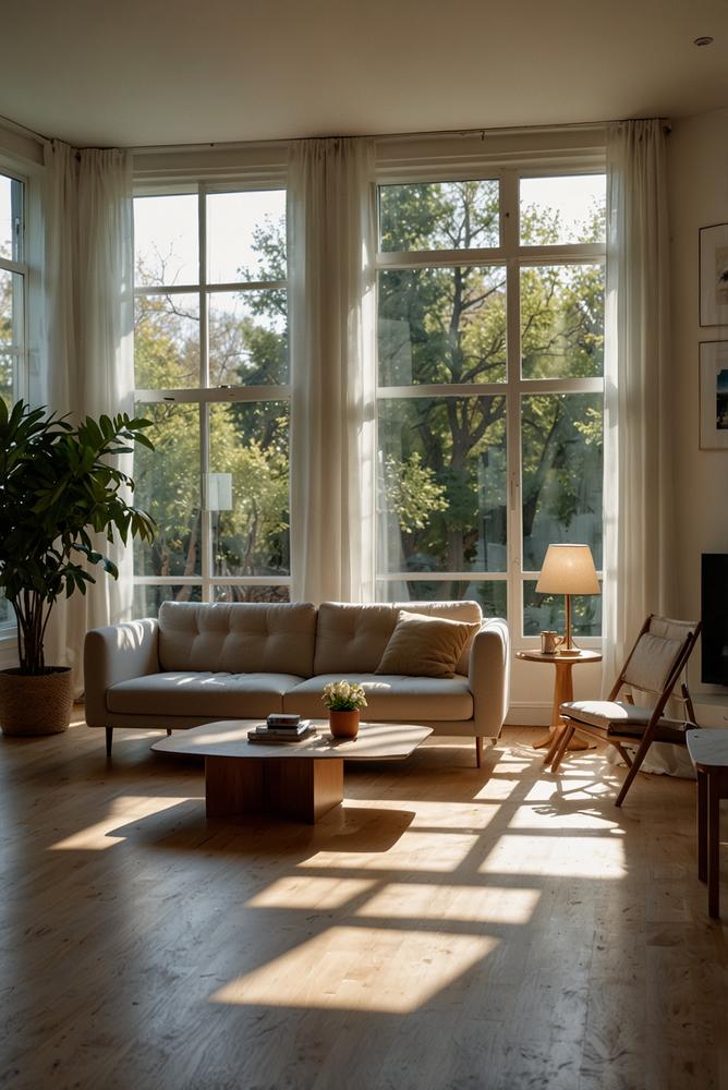 Helles Wohnzimmer mit optimierter Raumaufteilung im Frühling