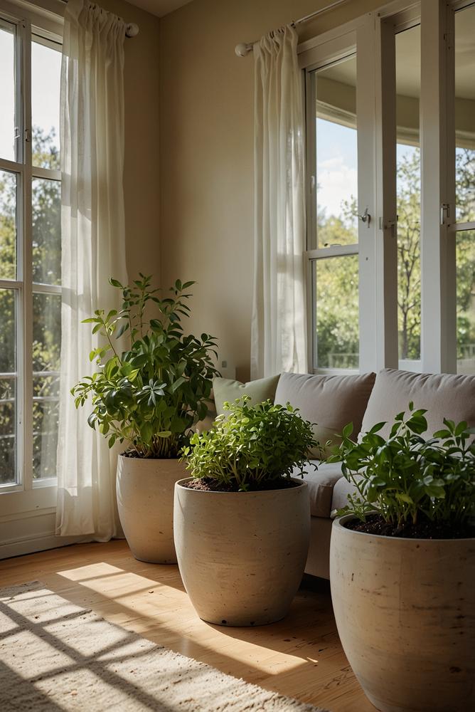 Helle Kräuterecke am Wohnzimmerfenster mit frischen Kräutern