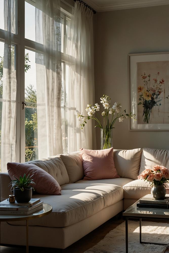 Helles Wohnzimmer mit leichten Gardinen und Sonnenlicht