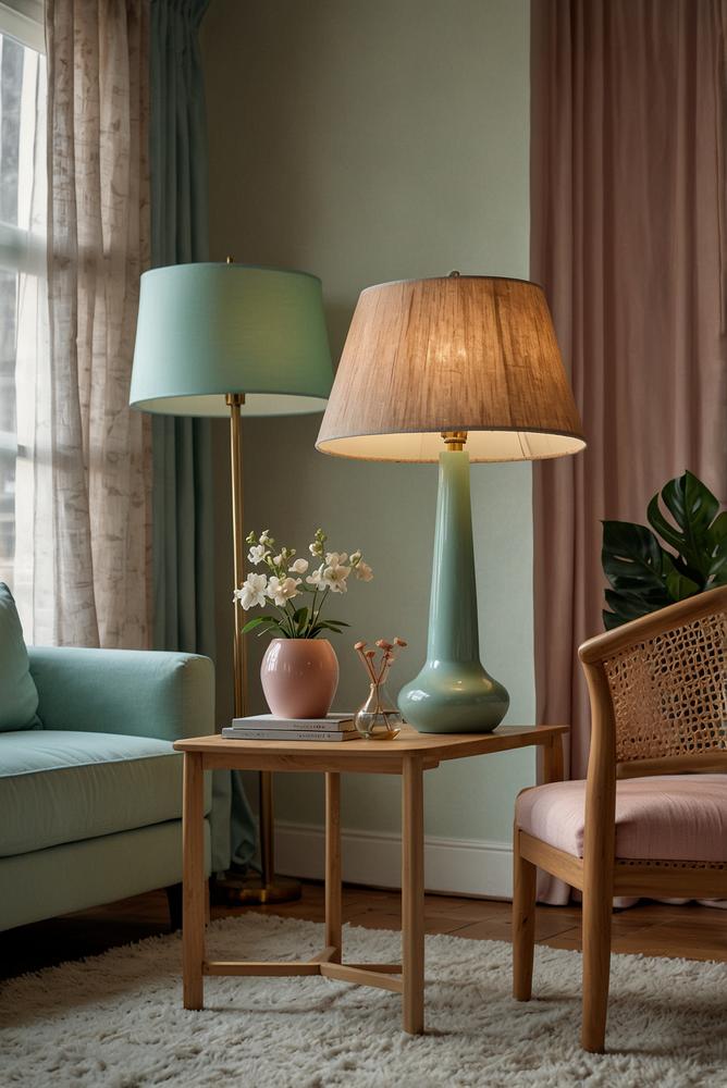 Luftige Lampenschirme in Pastellfarben im Wohnzimmer