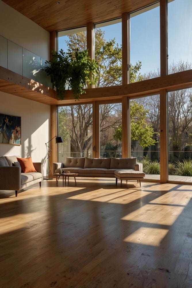 Helles Wohnzimmer mit nachhaltigen Materialien und viel Sonnenlicht