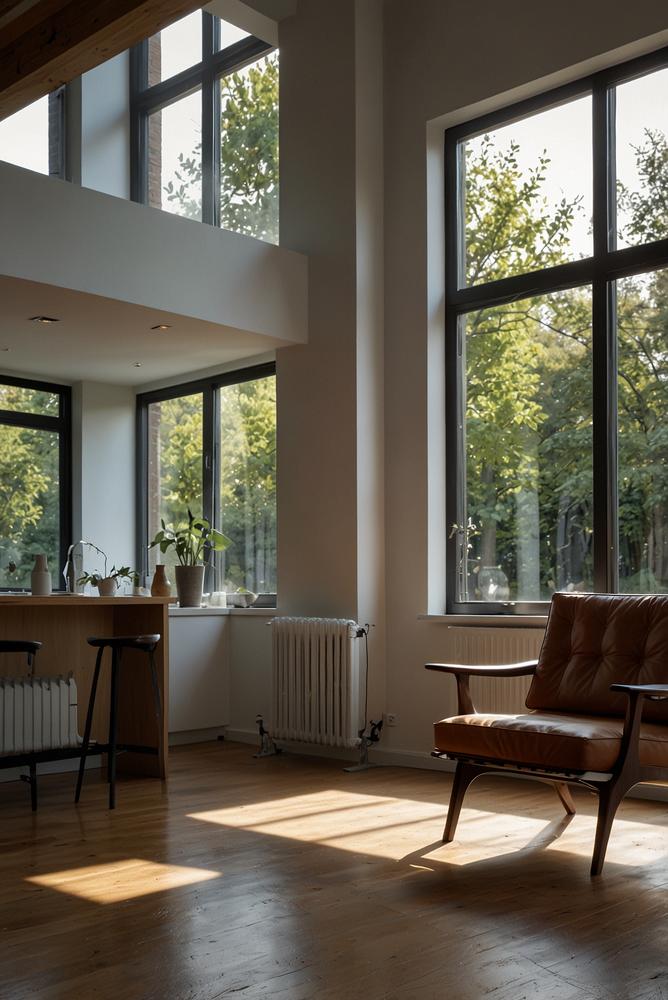 Helle moderne Wohnräume mit effizienter Heizung in Perspektive