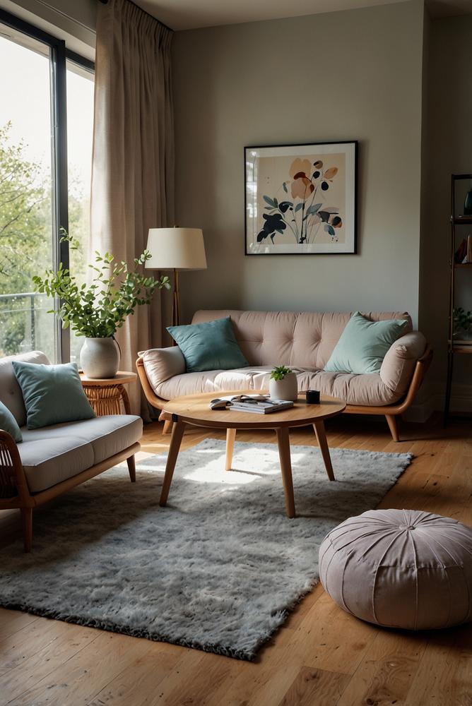 Helles Wohnzimmer mit Pastell-Kissen auf Sofa