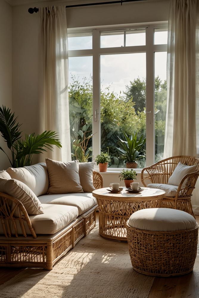Hell und freundlich gestaltetes Wohnzimmer mit Rattanaccessoires