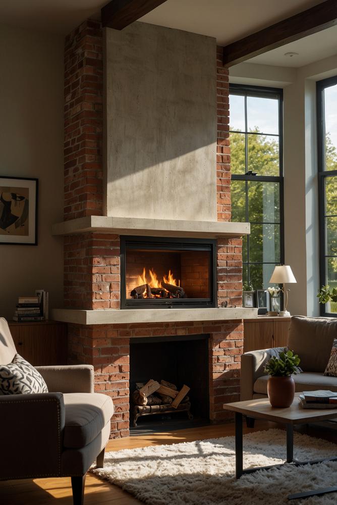 Hell erleuchteter moderner Schornstein und Kamin im Haus