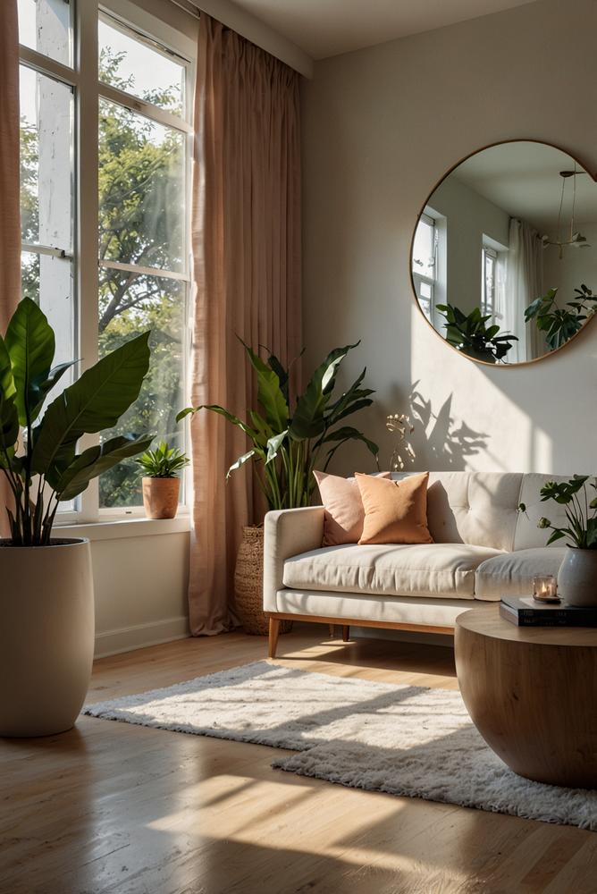 Helles Wohnzimmer mit großen Wandspiegeln und Frühlingsdeko